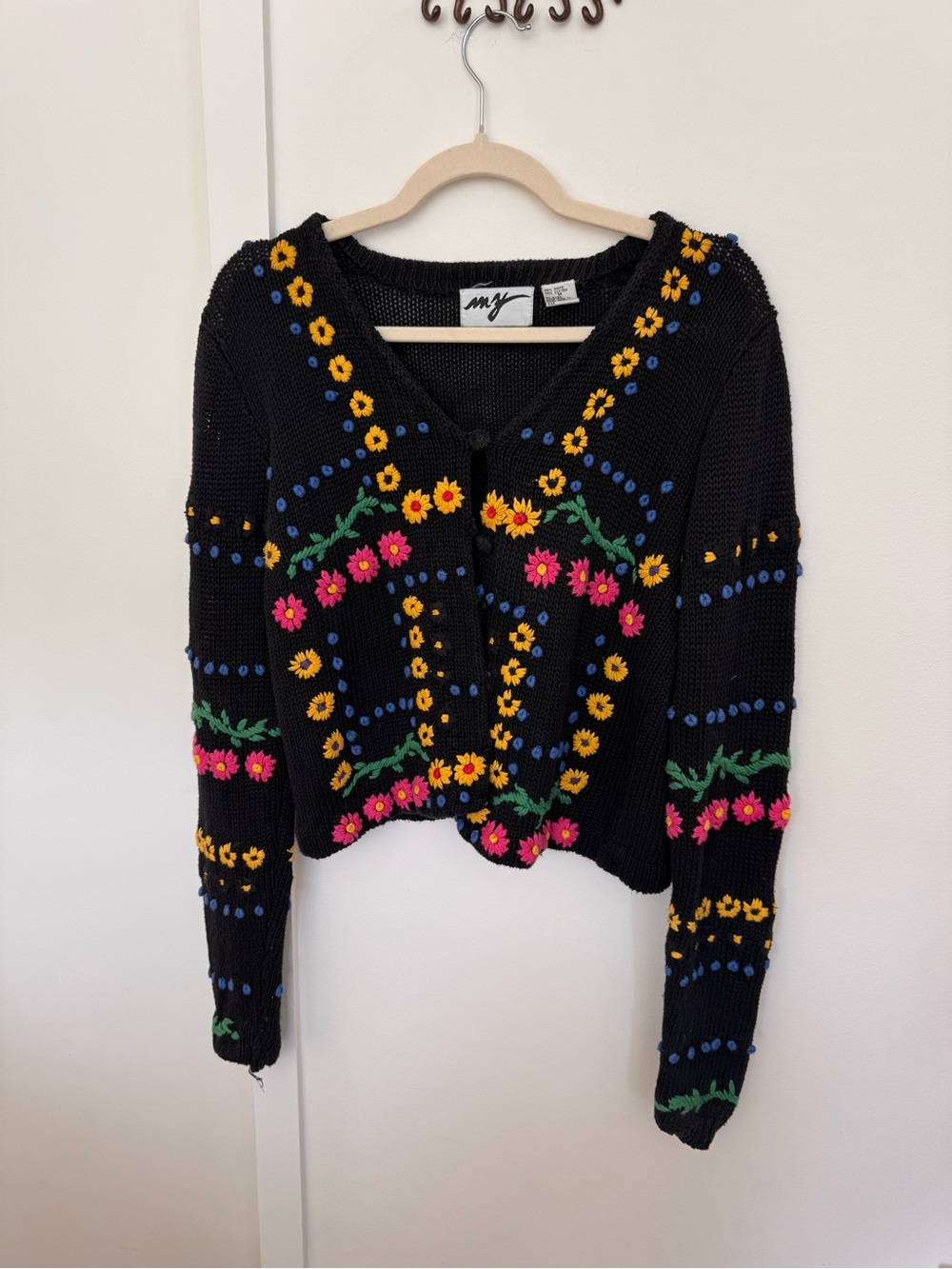 ‘My’ vintage cropped black floral embroidered cardigan